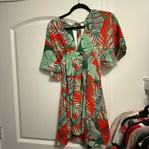 Tropical Leaf Print Red & Green V-Neck Women’s Dress